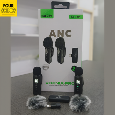 VOXNIX-PRO wireless microphone set with packaging on a gray surface