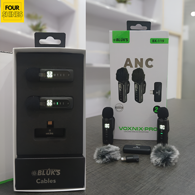 BLUKS cables and VOXNIX-PRO wireless microphone set with packaging on a table.