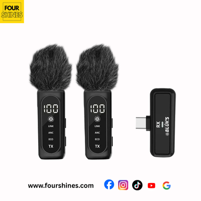 Two black audio recording devices with fuzzy ends and a small receiver on a white background, featuring the Four Shines brand.