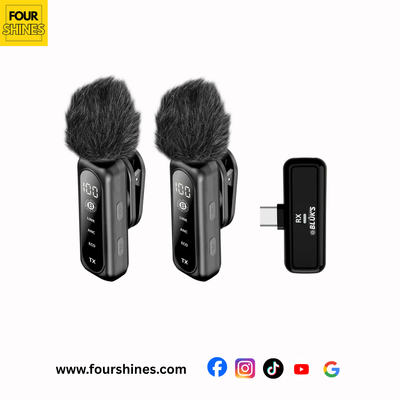 Two black microphones with fuzzy covers and a receiver on a white background, branded 'Four Shines'.