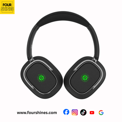 Black wireless headphones with green logo on a white background, featuring the FourShines brand.
