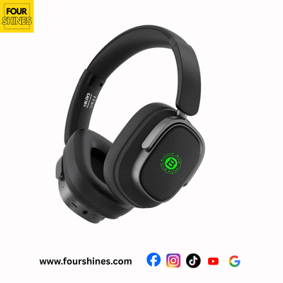 Black headphones with a green logo on a white background, featuring the FourShines brand.