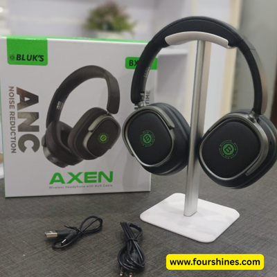 Black ANC headphones on a stand with BLUK's packaging in the background