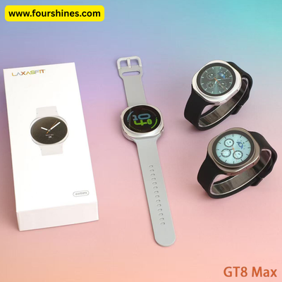 smartwatches with a packaging box on a gradient background, featuring the brand 'LAXAS FIT'.
