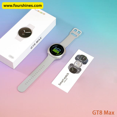 Smartwatch with packaging and strap on a gradient background, featuring 'GT8 Max' branding.