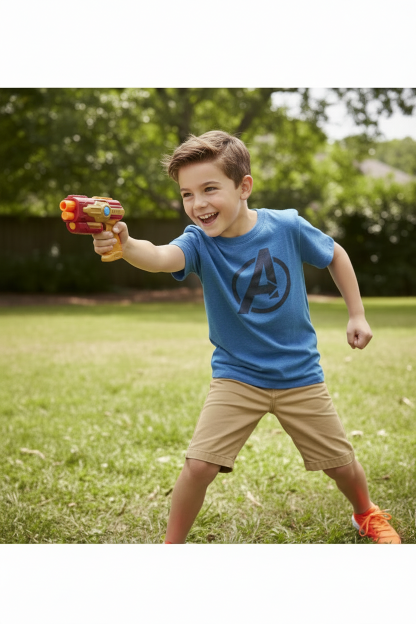 A young boy smiling and playing with a toy water gun in a grassy backyard, wearing a blue t-shirt with a large dark Avengers 'A' logo on the chest, khaki shorts, and orange sneakers.