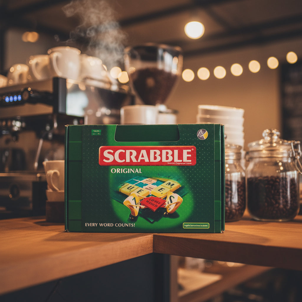 Packaging for the Scrabble Brain Vocabulary Game Original, featuring the game's name and a visual representation of the game board and tiles.