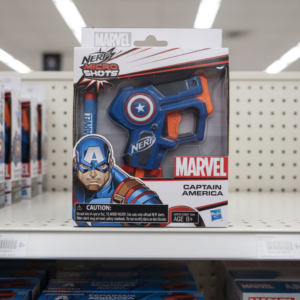 Nerf MicroShots Marvel Captain America Blaster in packaging, featuring red, white, and blue colors with Captain America branding.