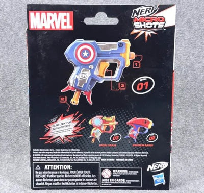 Nerf MicroShots Marvel Captain America Blaster in packaging, featuring red, white, and blue colors with Captain America branding.