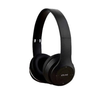 A pair of black P47 wireless Bluetooth headphones displayed next to its packaging box and a USB charging cable.
