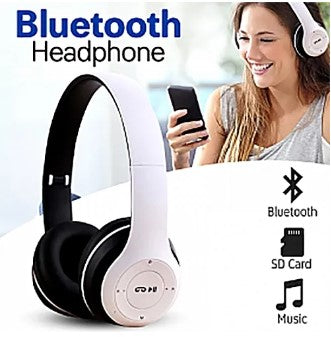 A pair of white P47 foldable wireless Bluetooth headphones displayed alongside icons indicating features such as Bluetooth connectivity and SD card music playback. A person is also shown using the headphones with a smartphone.