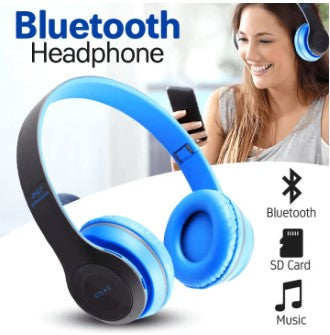 A pair of blue P47 wireless Bluetooth headphones displayed next to its packaging box and a USB charging cable.