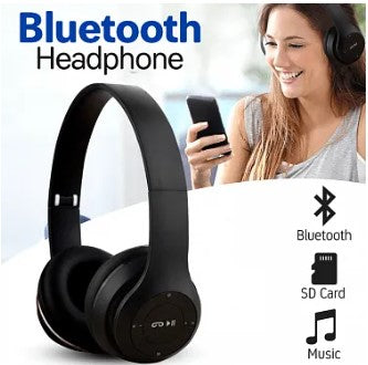 A pair of black P47 wireless Bluetooth headphones displayed next to its packaging box and a USB charging cable.