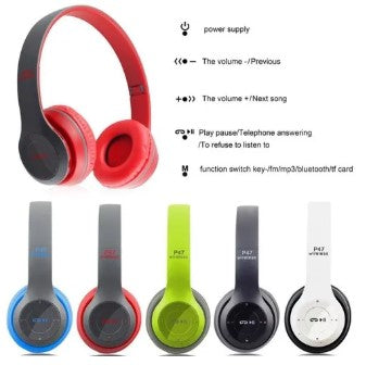 pairs of P47 wireless Bluetooth headphones displayed next to its packaging box and a USB charging cable.