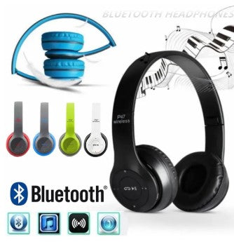 Pairs of  P47 wireless Bluetooth headphones displayed next to its packaging box and a USB charging cable.