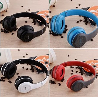 P47 wireless Bluetooth headphones displayed next to its packaging box and a USB charging cable.