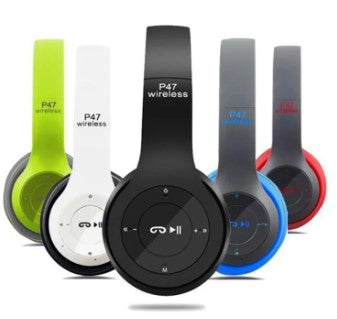 P47 wireless Bluetooth headphones displayed next to its packaging box and a USB charging cable.