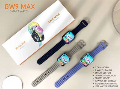 Three GW9 MAX smart watches with silicone bands in black, blue, and gray colors, displayed alongside their packaging.