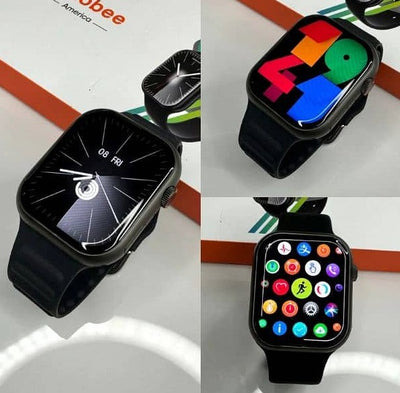 GW9 MAX smart watches with silicone bands in black, blue, and gray colors, displayed alongside their packaging.