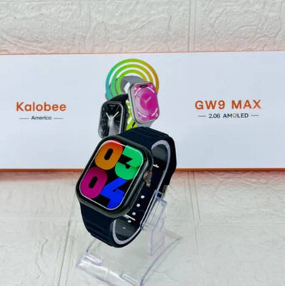 A black smartwatch with a colorful display, branded Kalobee, showcased on a stand with 'GW9 MAX 206 AMOLED' written above.