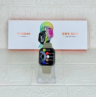 GW9 MAX smart watches with silicone bands in black, blue, and gray colors, displayed alongside their packaging.