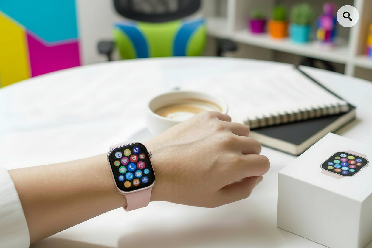 Smartwatch on a wrist with a coffee cup and notebook in the background