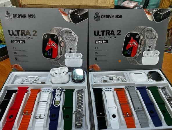 Crown M50 Smart Watch Set, 10+1+Earbuds Airpods Pro and Ultra 2 Watch + Straps