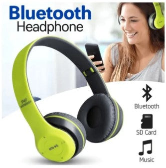 A pair of green P47 wireless Bluetooth headphones displayed next to its packaging box and a USB charging cable.