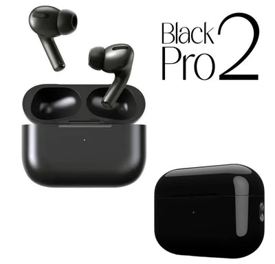 AirPods Pro 2nd Generation in black color with their MagSafe charging case, showcasing the earbuds and the case from different angles.