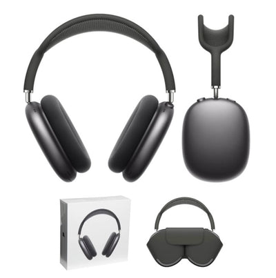 A pair of gray Apple AirPods Max colon wireless Bluetooth headphones with their smart case and packaging box.
