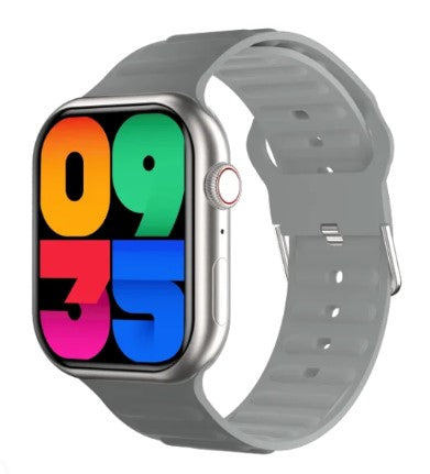 GW9 MAX smart watches with silicone bands in black, blue, and gray colors, displayed alongside their packaging.