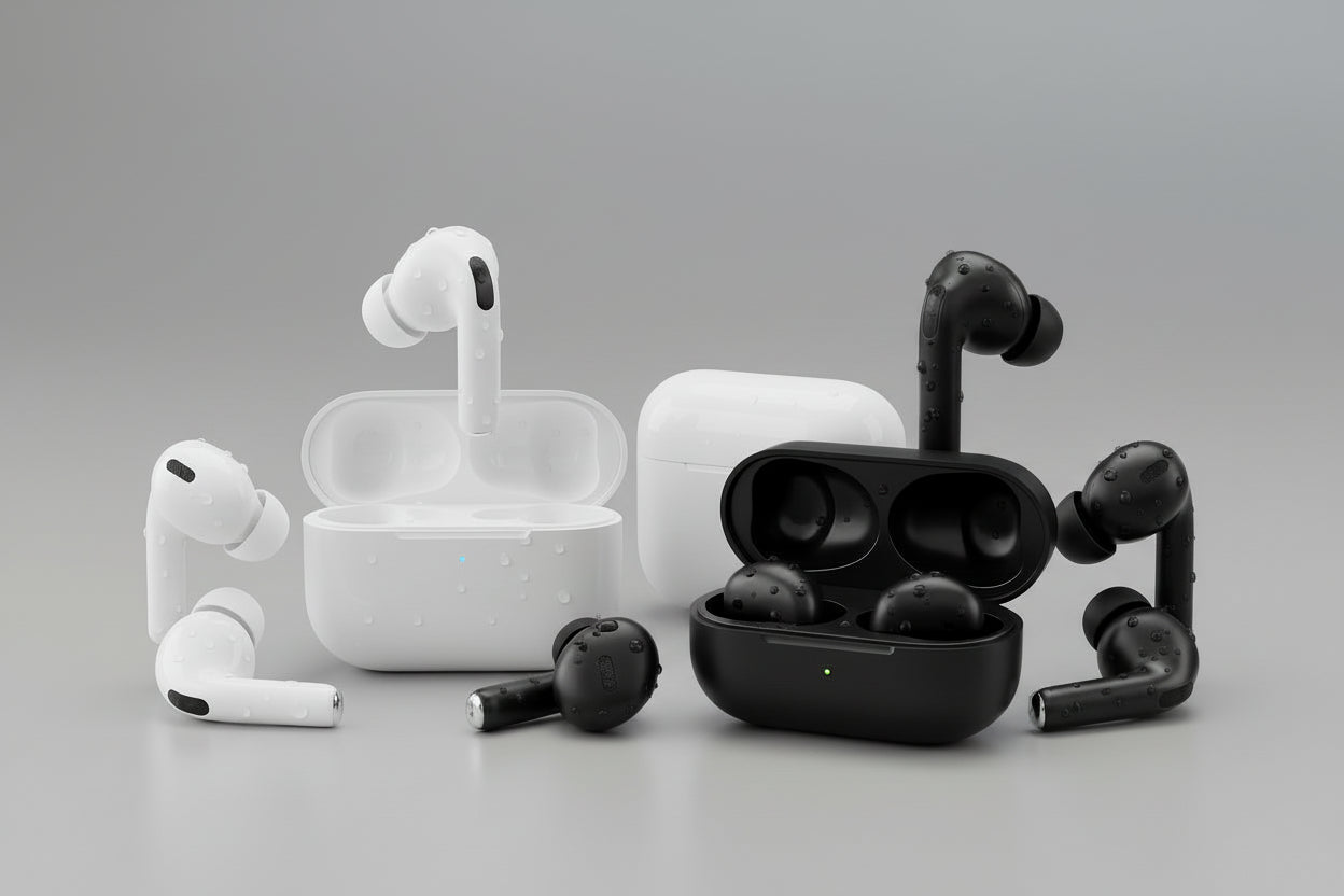 Wireless earbuds with water resistance feature on a dark background