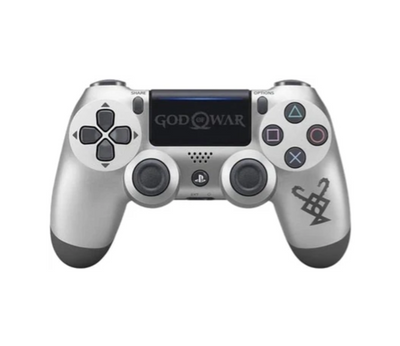 Silver gaming controller with 'God of War' branding on a white background