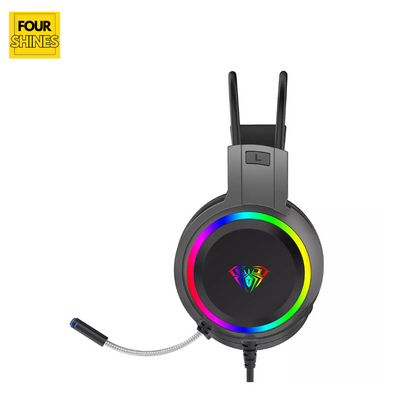Gaming headset with RGB lighting on a white background, featuring the brand 'Four Shines'.