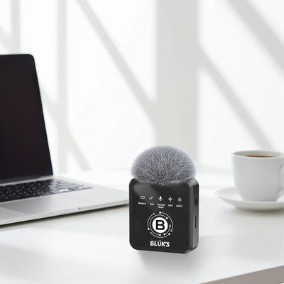 Small microphone on a desk with a laptop and coffee cup in the background