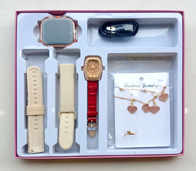 Jewelry set with watches, straps, and necklaces in a box
