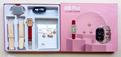Watch and jewelry set in a pink box with 'A99 Plus' branding.