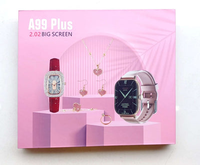 Pink packaging box with two smartwatches on a white background