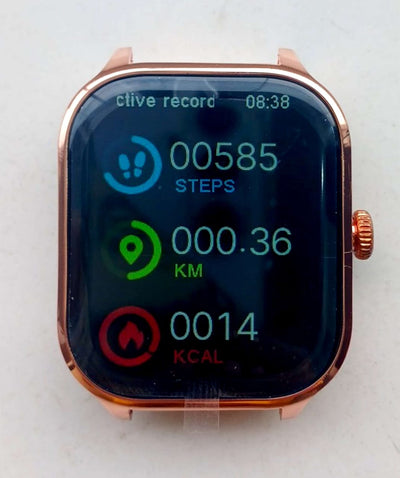 Smartwatch displaying step count and other metrics on a white background