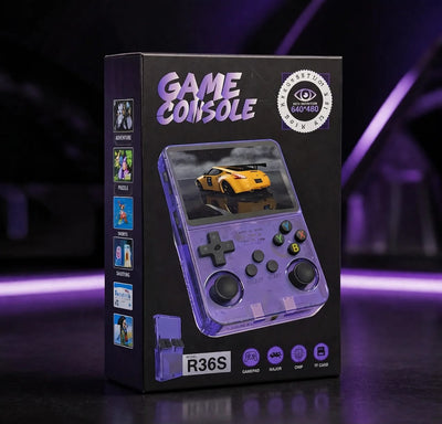 Handheld game console packaging with purple accents on a dark background