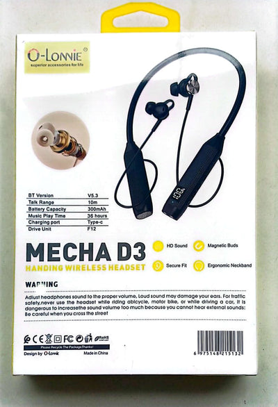 O-Lonnie MECHA D3 wireless headset packaging on a light gray background