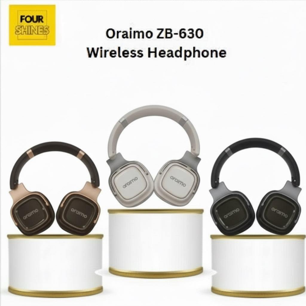 Oraimo ZB-630 wireless headphones displayed on white stands with 'Four Shines' branding.
