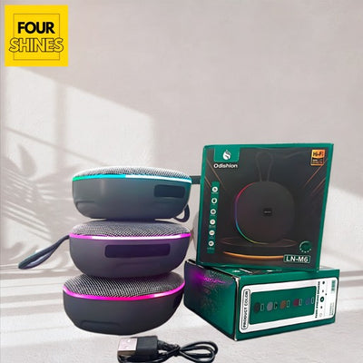 Colorful electronic device with packaging and 'Four Shines' logo on a light background