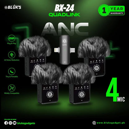 BLUK BX-24 Wireless Lavalier Microphone - 4 Mics Dual Channel ANC System. All in One