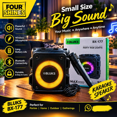 A BLUKS BX-177 portable karaoke speaker and microphone shown in front of its retail box on a wooden table, with promotional text and icons advertising wireless microphone, Bluetooth connectivity, and party RGB lights.