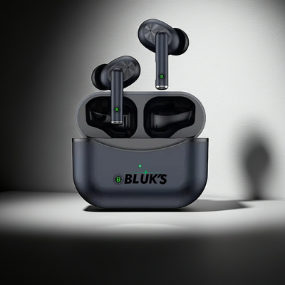 Black wireless earbuds with charging case on a gray background, featuring the brand 'BLUKS'.