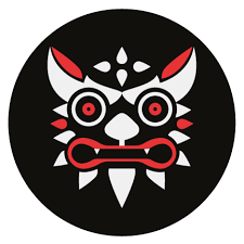 Circular logo with a stylized face design on a black background