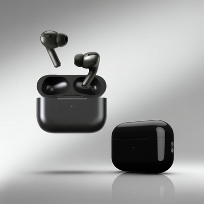 Black wireless earbuds with charging case on a gray background