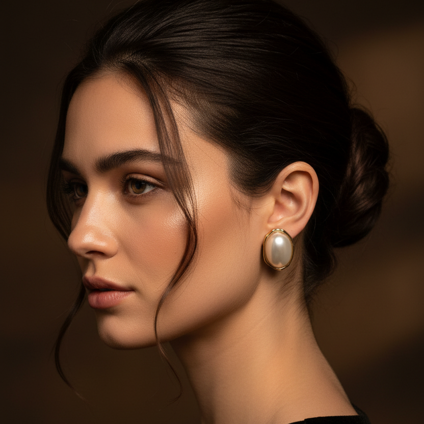 A close-up portrait of a woman in profile wearing a single gold-toned drop earring with a large white pearl-like oval center, against a warm dark brown background.