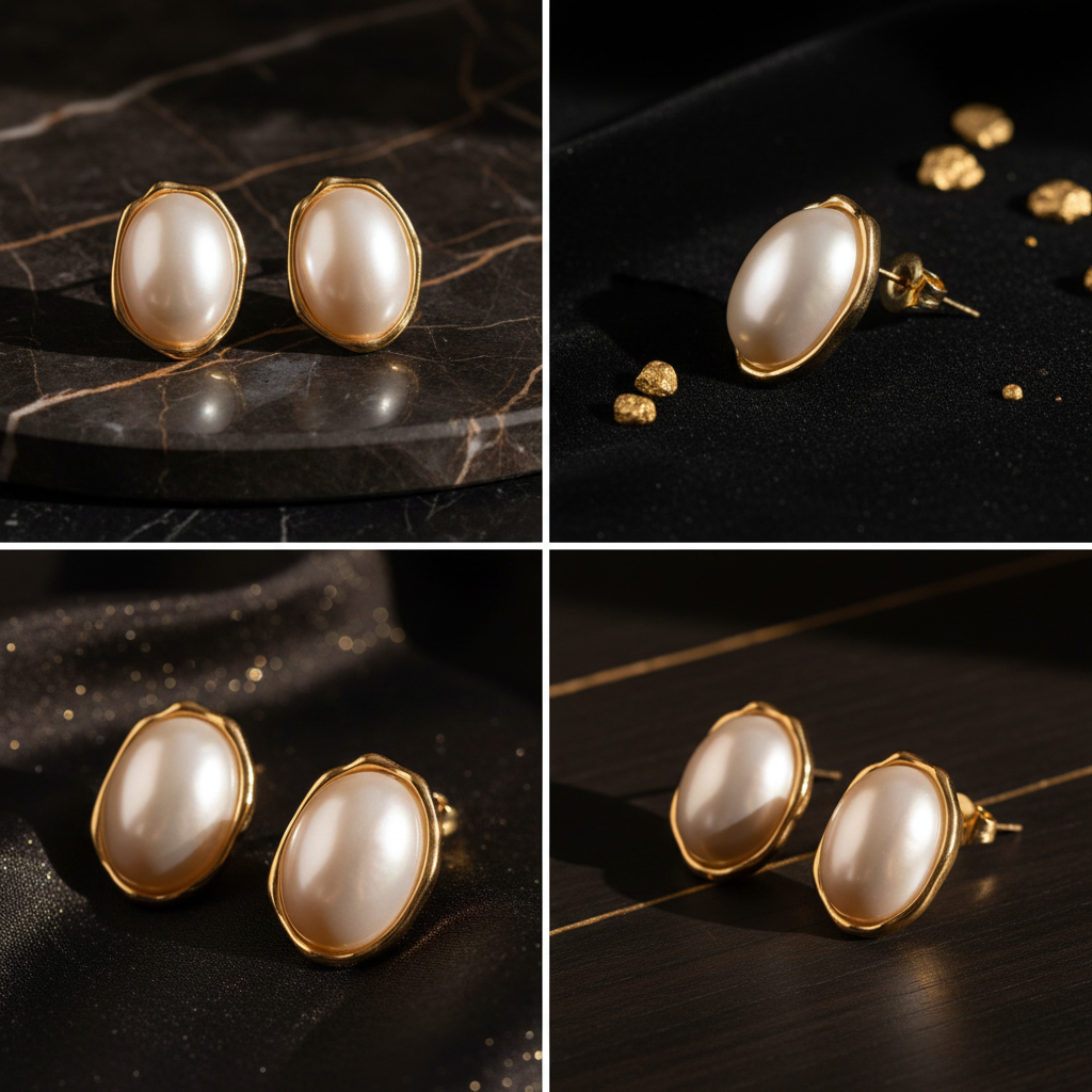 Four-panel product collage showing a pair of oval pearl stud earrings with gold-tone settings on a dark marble and black textured background.